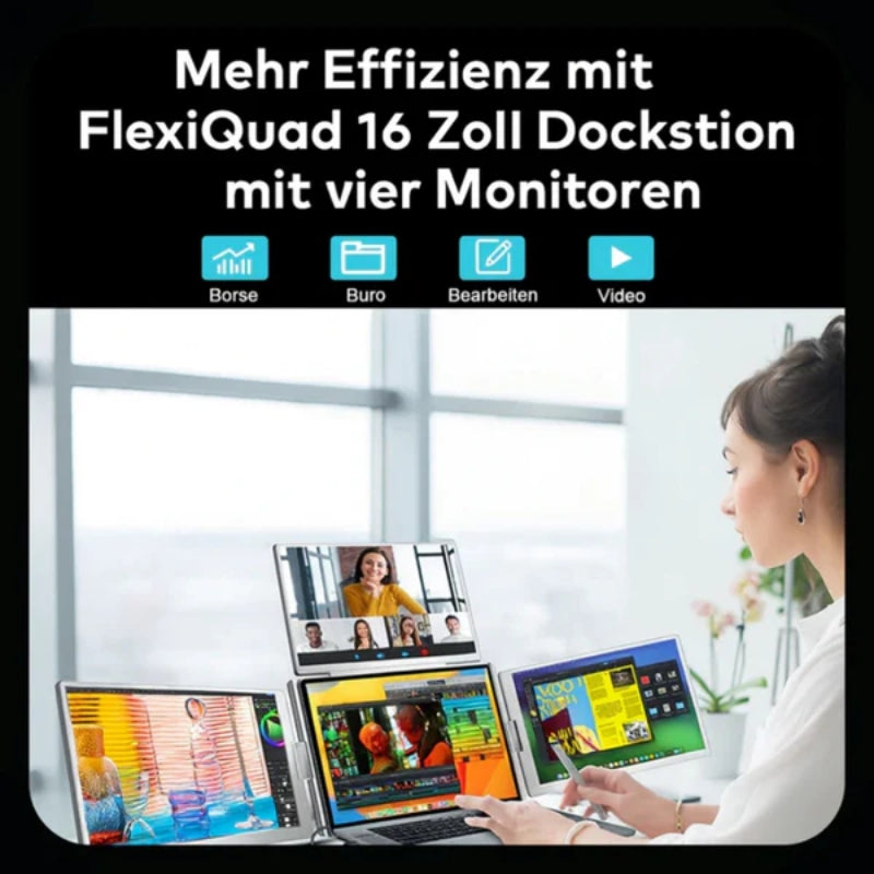 FlexiQuad 16 Zoll Dockstation - Deine mobile Laptop Bildschirmerweiterung mit drei zusätzlichen Monitoren