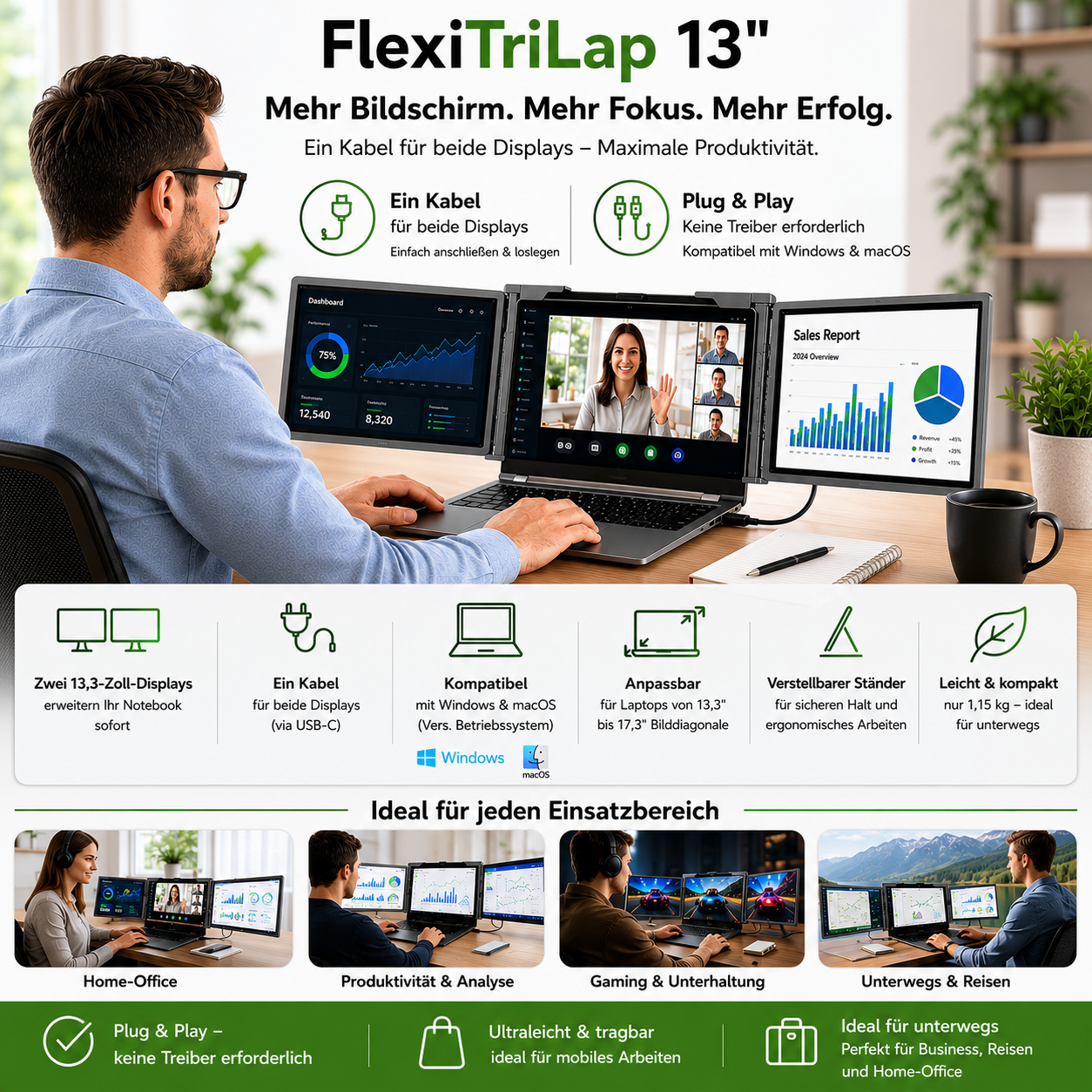 FlexiTriLap Multiscreen 13 Zoll für Laptops als Bildschirmerweiterung zum effizienter arbeiten