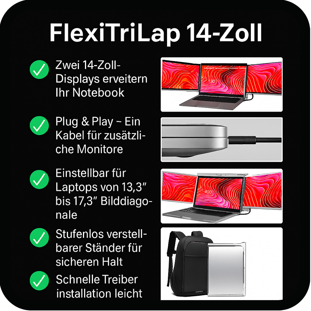 FlexiTriLap 14 Zoll - Die ultimative Laptop- Bildschirm Erweiterung - 309mm bis 425mm Bildschirmbreite