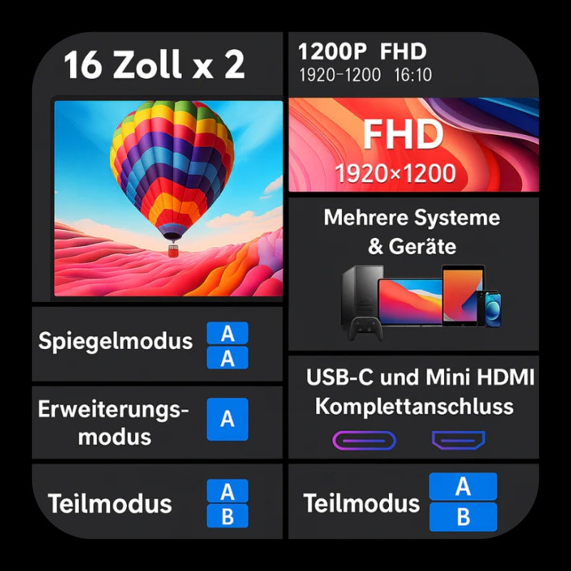 FlexiTwin 16 Zoll - Die Bildschirmabmessungen der Laptop Bildschirmerweiterung
