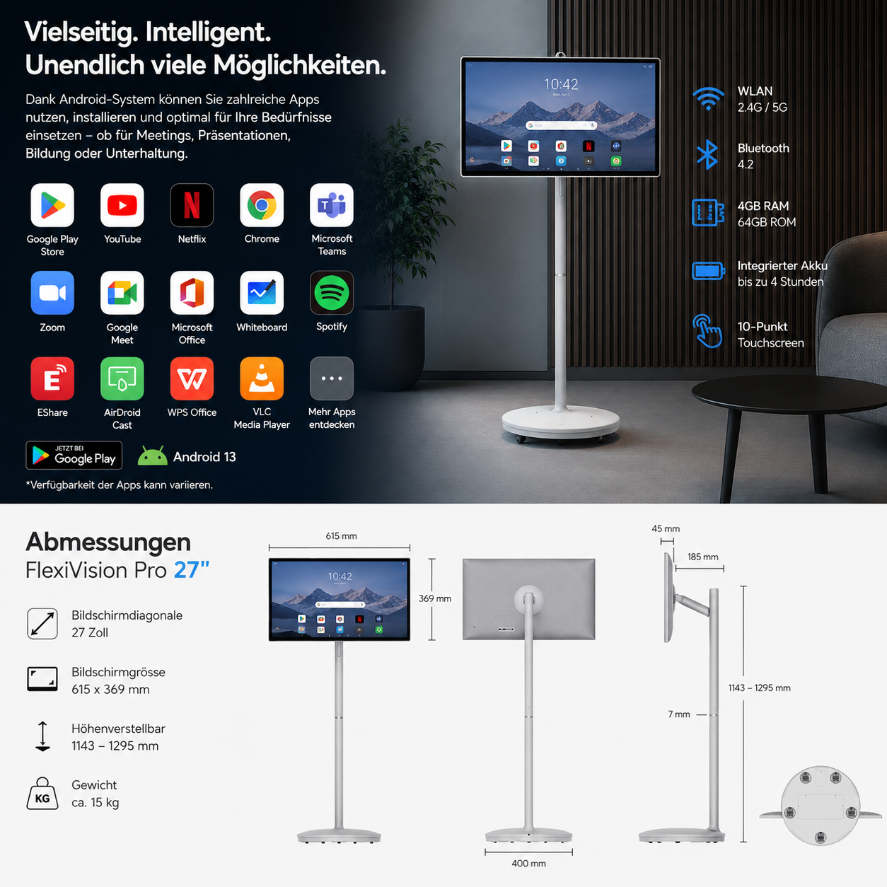 FlexiVision Pro 27 Zoll – mobiler Smart Screen mit 27-Zoll-Touchdisplay, Akku und integriertem Android