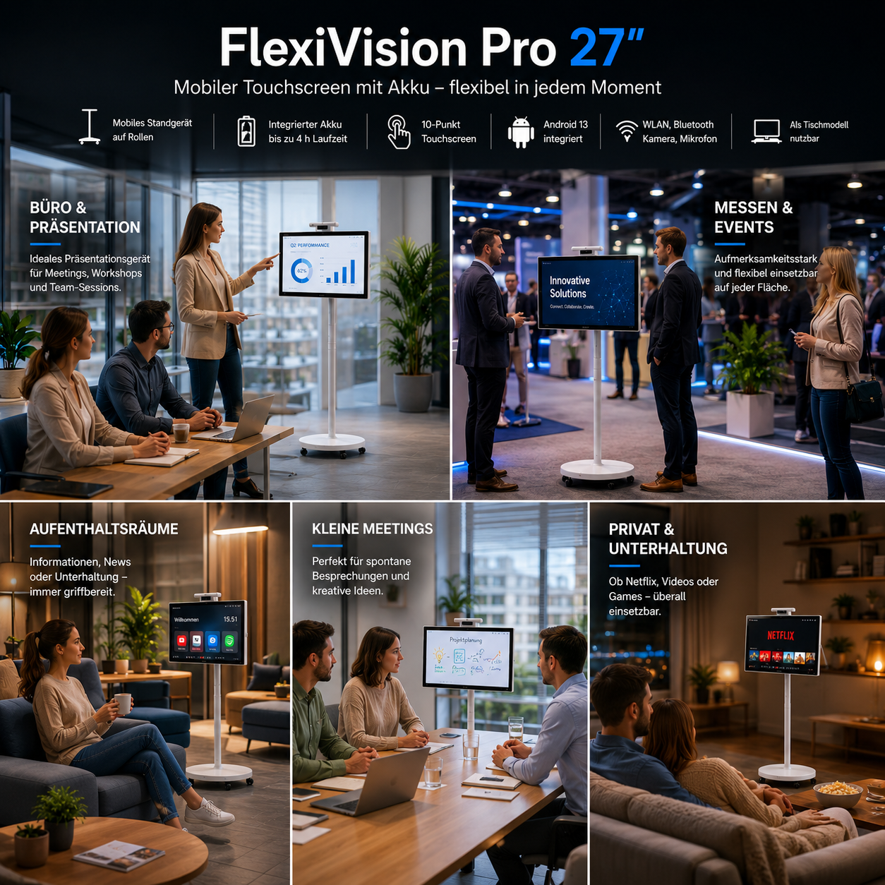 FlexiVision Pro 27 Zoll – mobiler Entertainment- und Informationsbildschirm für Aufenthaltsräume