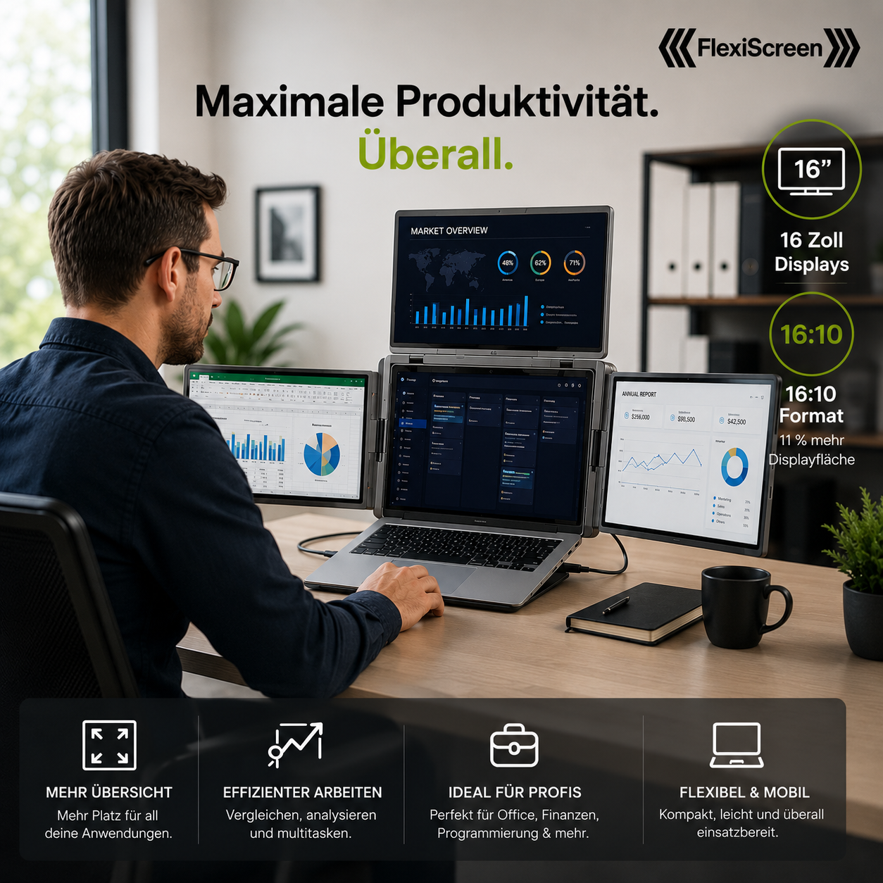 Mitarbeiter arbeitet im Büro mit FlexiQuad Dockstation und vier Bildschirmen
Modernes Büro mit mobiler Laptop-Bildschirmerweiterung von FlexiScreen
Produktives Arbeiten mit vier Bildschirmen im Homeoffice
FlexiQuad Dockstation im täglichen Büroeinsatz
Multitasking am Laptop mit drei zusätzlichen Monitoren