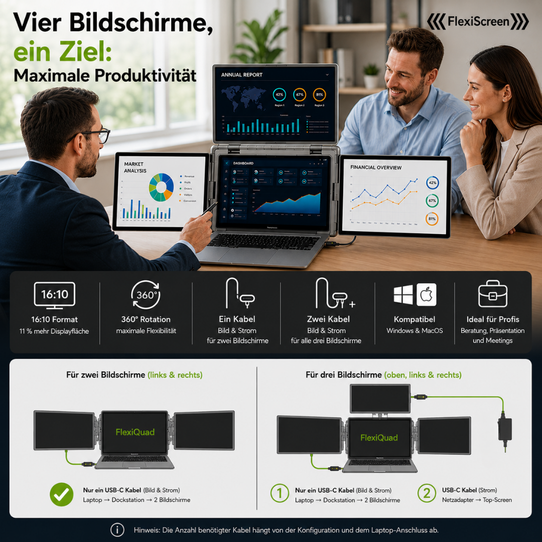 FlexiQuad ist eine Laptop Bildschirmerweiterung mit drei zusätzlichen Bildschirmen für effizientes Arbeiten 