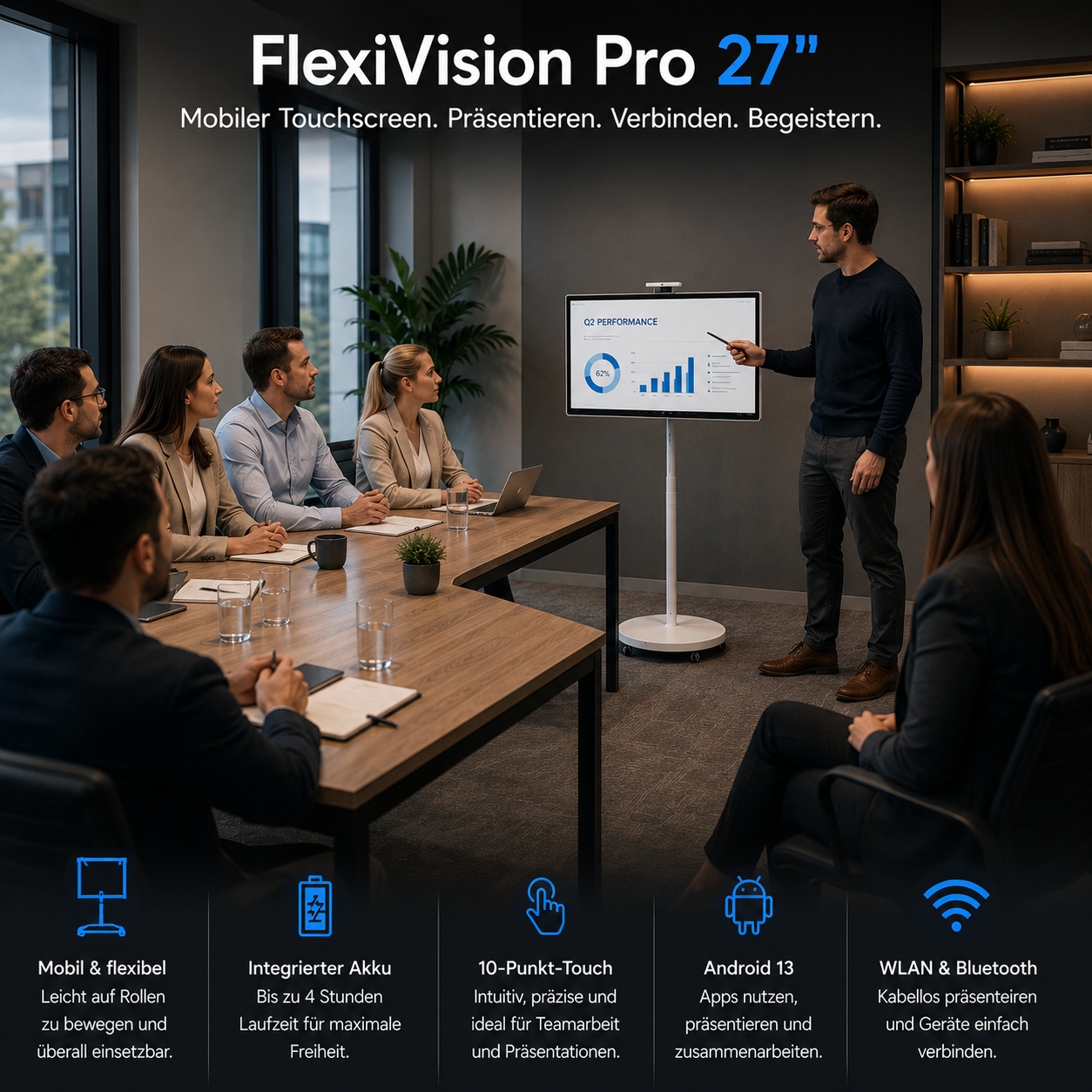 FlexiVision Pro 27 Zoll – interaktiver Touchscreen für Teams, Zoom, Office und Streaming