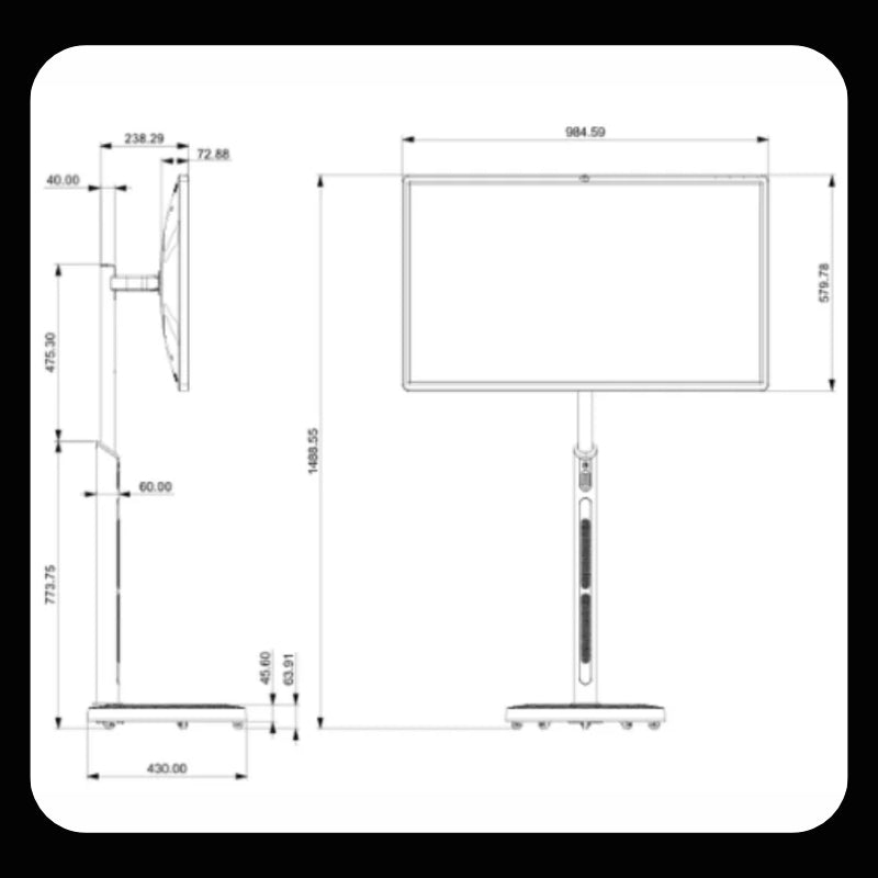 FlexiVision Pro 43" – Abmessungen des 4K Touch Displays mit Akku 